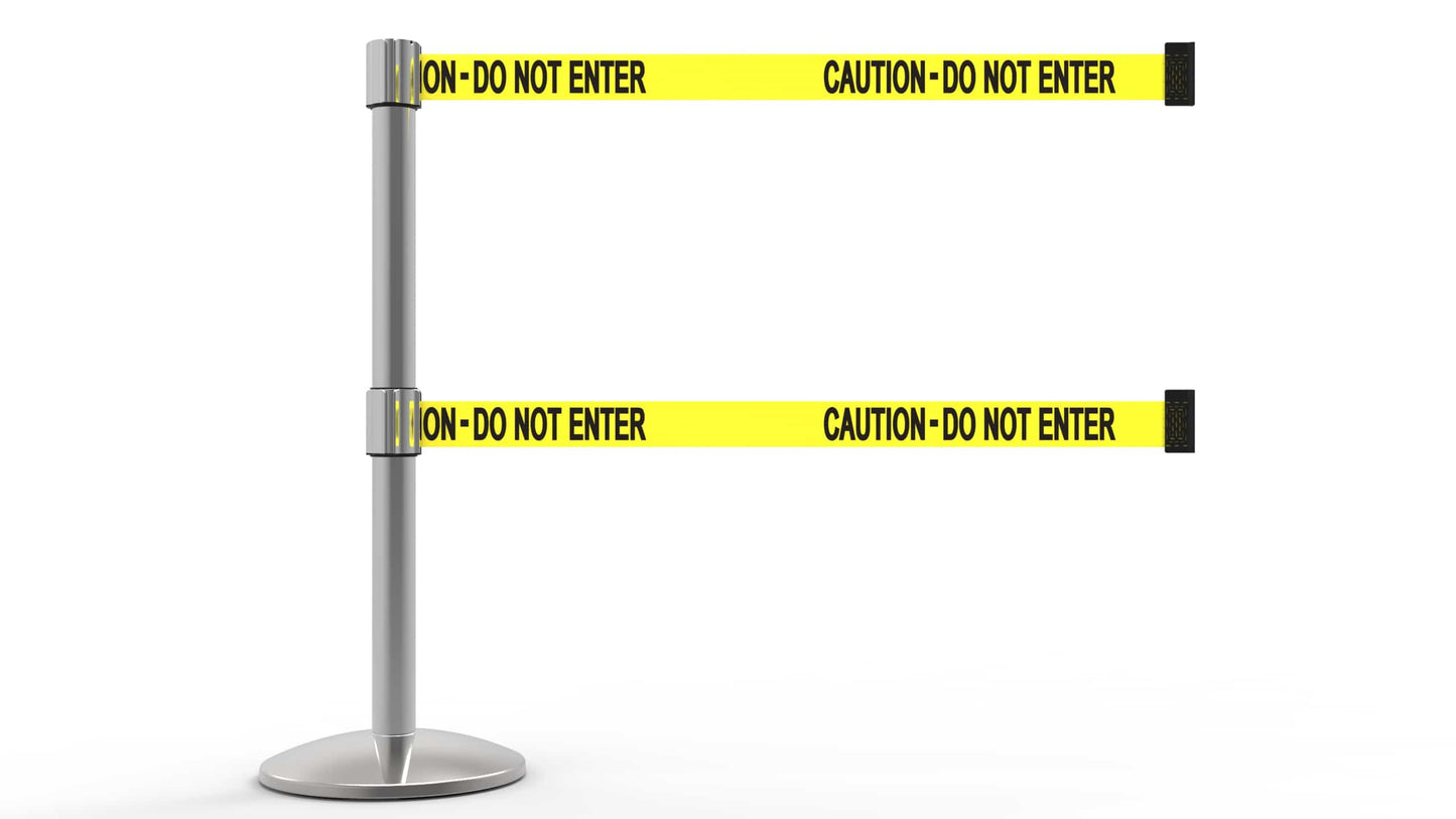 Banner Stakes AL6102C-D QLine Retractable Dual Belt Barrier,Polished Chrome Post,Yellow "Caution - Do Not Enter"