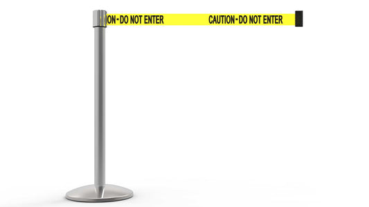 Banner Stakes AL6102C QLine Retractable Belt Barrier, Polished Chrome Post, Yellow "Caution - Do Not Enter"