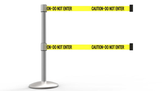 Banner Stakes AL6102M-D QLine Retractable Dual Belt Barrier, Matte Post, Yellow "Caution - Do Not Enter"