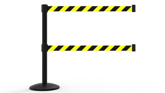 Banner Stakes AL6103B QLine Retractable Belt Barrier, Black Post, Yellow/Black Diagonal Stripe