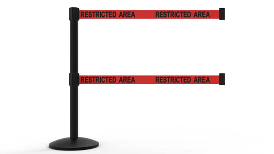 Banner Stakes AL6105B-D QLine Retractable Dual Belt Barrier, Black Post, Red "Restricted Area"