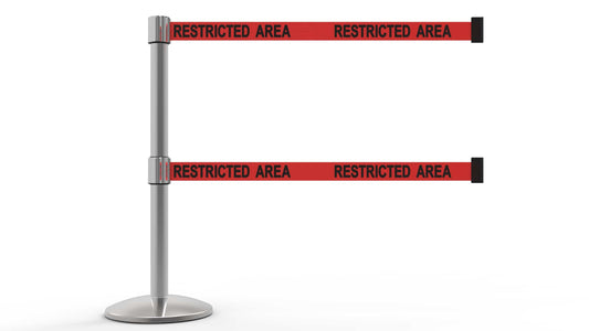 Banner Stakes AL6105C-D QLine Retractable Dual Belt Barrier, Polished Chrome Post, Red "Restricted Area"