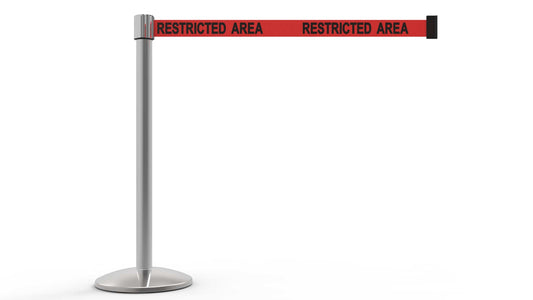 Banner Stakes AL6105C QLine Retractable Belt Barrier, Polished Chrome Post, Red "Restricted Area"