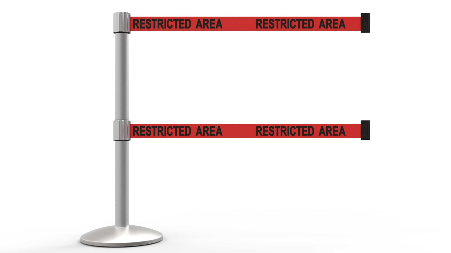 Banner Stakes AL6105M-D QLine Retractable Dual Belt Barrier, Matte Post, Red "Restricted Area"