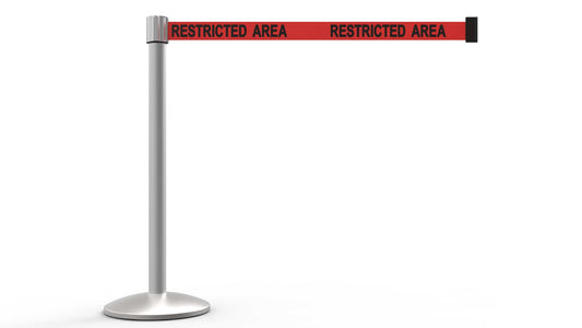 Banner Stakes AL6105M QLine Retractable Belt Barrier, Matte Post, Red "Restricted Area"