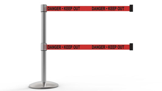 Banner Stakes AL6106C-D QLine Retractable Dual Belt Barrier, Polished Chrome Post, Red "Danger - Keep Out"