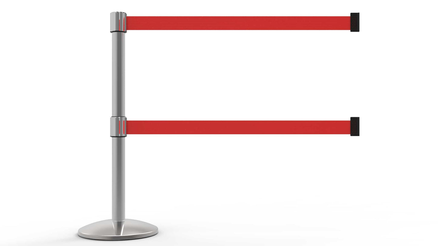 Banner Stakes AL6107C-D QLine Retractable Dual Belt Barrier, Polished Chrome Post, Blank Red Belt