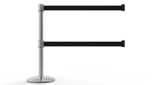 Banner Stakes AL6108C-D QLine Retractable Dual Belt Barrier, Polished Chrome Post, Blank Black Belt