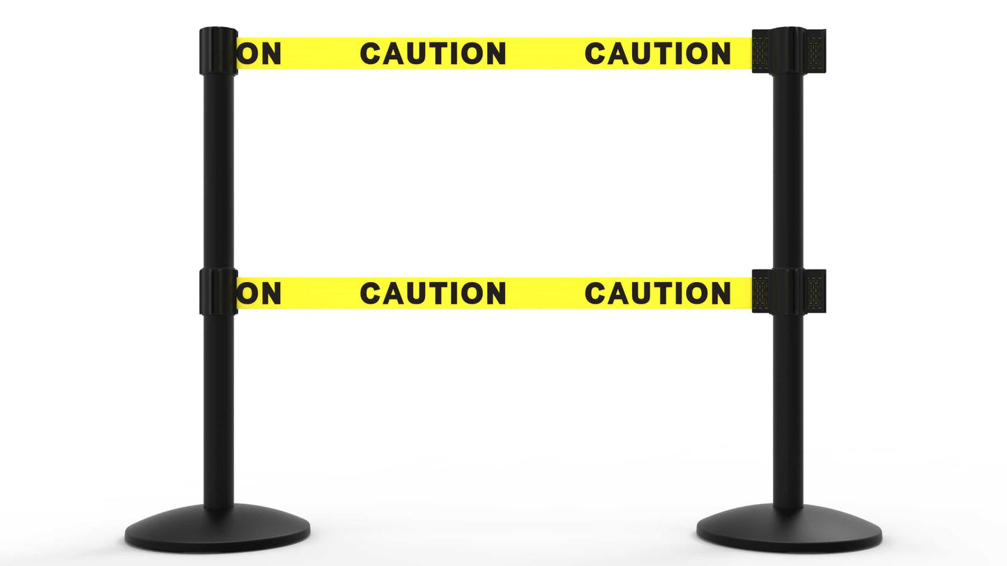 Banner Stakes AL6201B-D QLine Retractable Dual Belt Barrier X2, Black Post, Yellow "Caution"