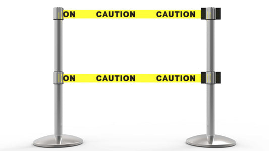 Banner Stakes AL6201C-D QLine Retractable Dual Belt Barrier X2, Polished Chrome Post, Yellow "Caution"