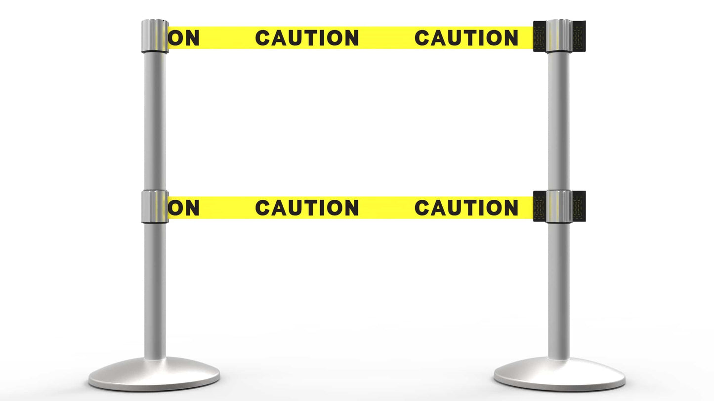 Banner Stakes AL6201M-D QLine Retractable Dual Belt Barrier X2, Matte Post, Yellow "Caution"