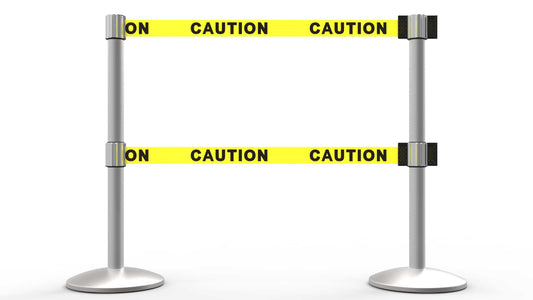 Banner Stakes AL6201M-D QLine Retractable Dual Belt Barrier X2, Matte Post, Yellow "Caution"