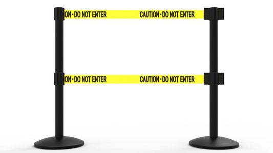 Banner Stakes AL6202B-D QLine Retractable Dual Belt Barrier X2, Black Post, Yellow "Caution - Do Not Enter"