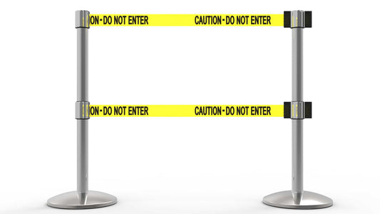 Banner Stakes AL6202C QLine Retractable Belt Barrier X2, Polished Chrome Post, Yellow "Caution - Do Not Enter"