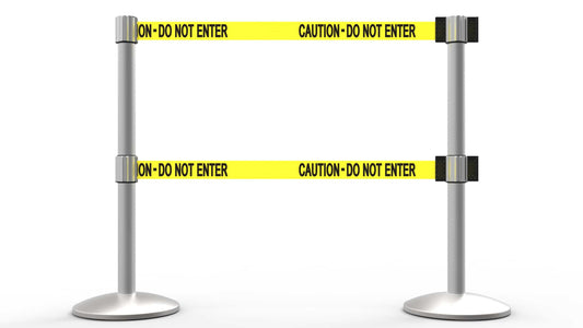 Banner Stakes AL6202M-D QLine Retractable Dual Belt Barrier X2, Matte Post, Yellow "Caution - Do Not Enter"