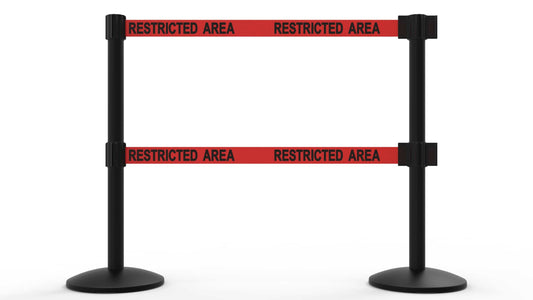 Banner Stakes AL6205B-D QLine Retractable Dual Belt Barrier X2, Black Post, Red "Restricted Area"