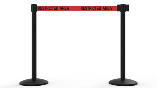 Banner Stakes AL6205B QLine Retractable Belt Barrier X2, Black Post, Red "Restricted Area"