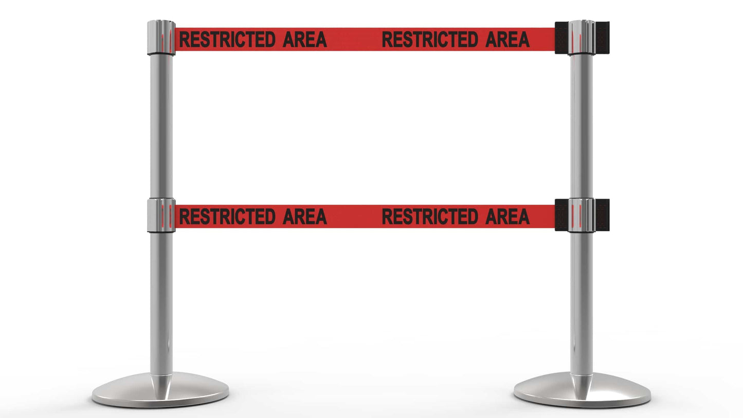 Banner Stakes AL6205C QLine Retractable Belt Barrier X2, Polished Chrome Post, Red "Restricted Area"