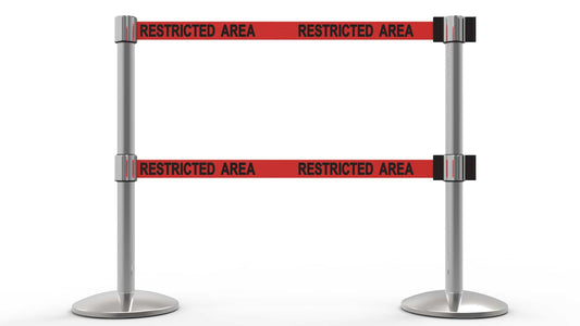 Banner Stakes AL6205C QLine Retractable Belt Barrier X2, Polished Chrome Post, Red "Restricted Area"