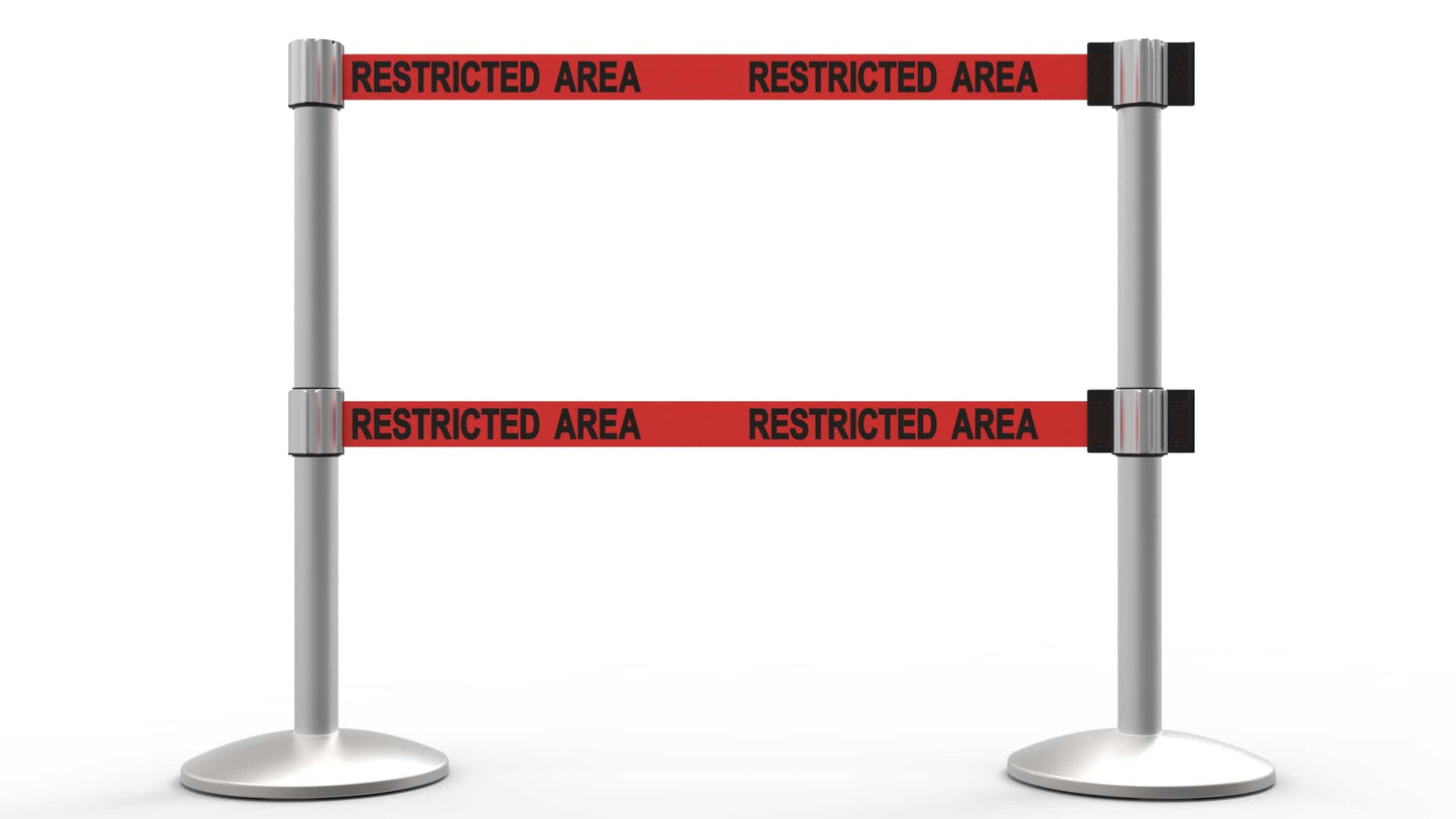 Banner Stakes AL6205M-D QLine Retractable Dual Belt Barrier X2, Matte Post, Red "Restricted Area"