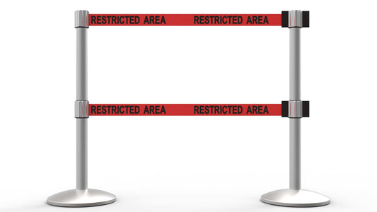 Banner Stakes AL6205M-D QLine Retractable Dual Belt Barrier X2, Matte Post, Red "Restricted Area"