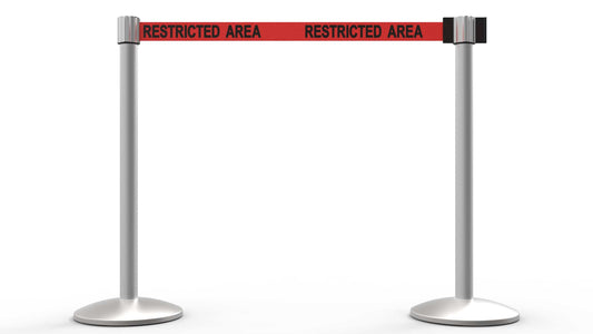 Banner Stakes AL6205M QLine Retractable Belt Barrier X2, Matte Post, Red "Restricted Area"