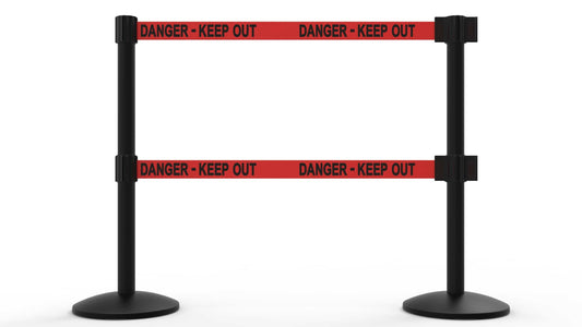 Banner Stakes AL6206B-D QLine Retractable Dual Belt Barrier X2, Black Post, Red "Danger - Keep Out"