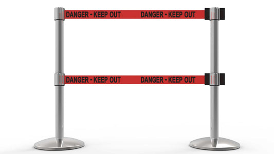 Banner Stakes AL6206C QLine Retractable Belt Barrier X2, Polished Chrome Post, Red "Danger - Keep Out"