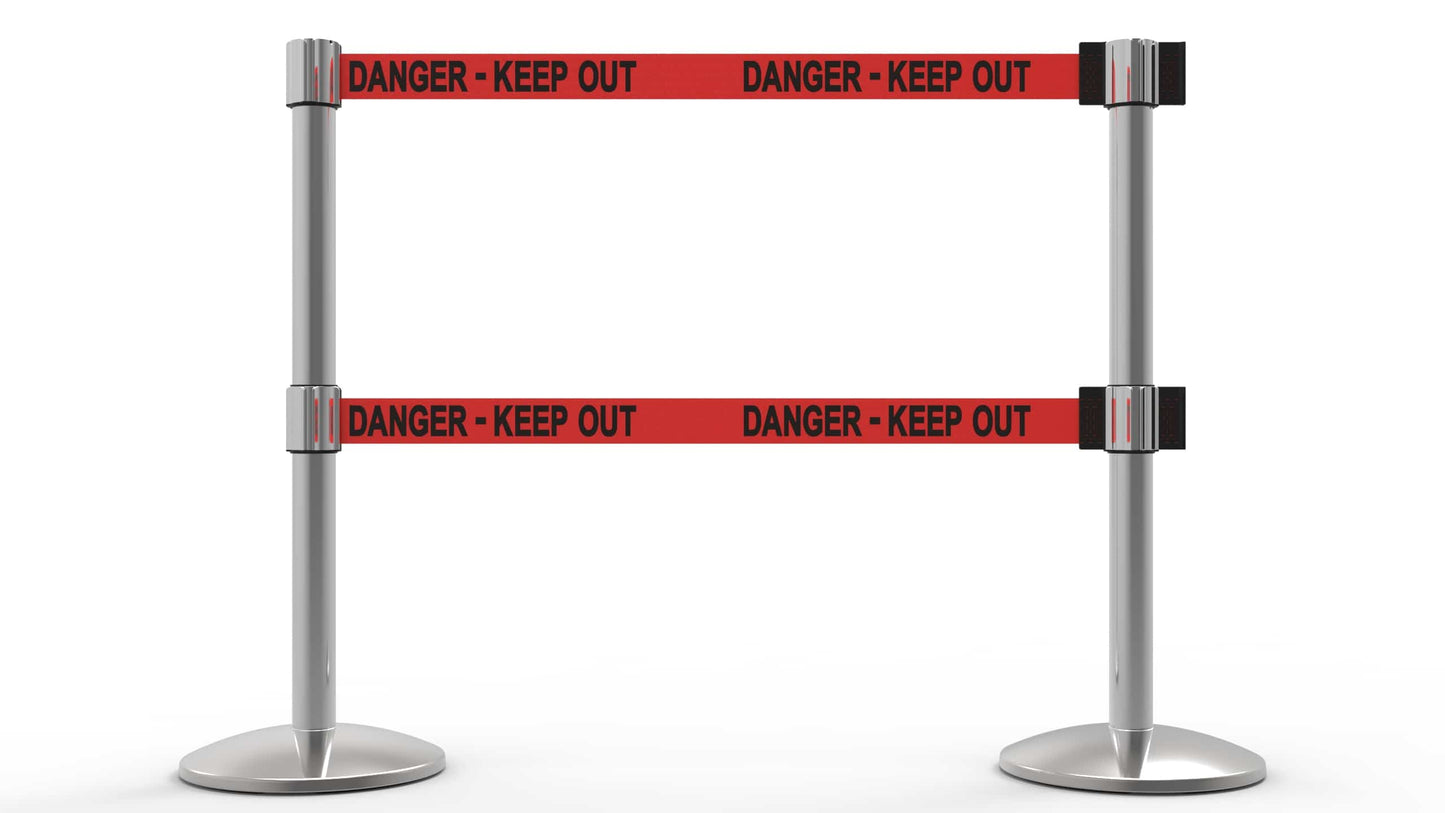 Banner Stakes AL6206C-D QLine Retractable Dual Belt Barrier X2, Polished Chrome Post, Red "Danger - Keep Out"