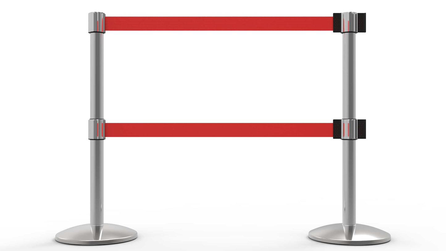 Banner Stakes AL6207C QLine Retractable Belt Barrier X2, Polished Chrome Post, Blank Red Belt