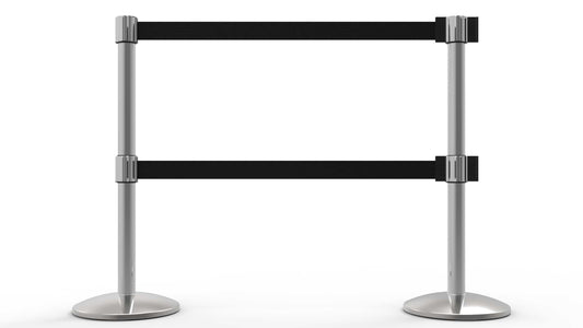 Banner Stakes AL6208C-D QLine Retractable Dual Belt Barrier X2, Polished Chrome Post, Blank Black Belt