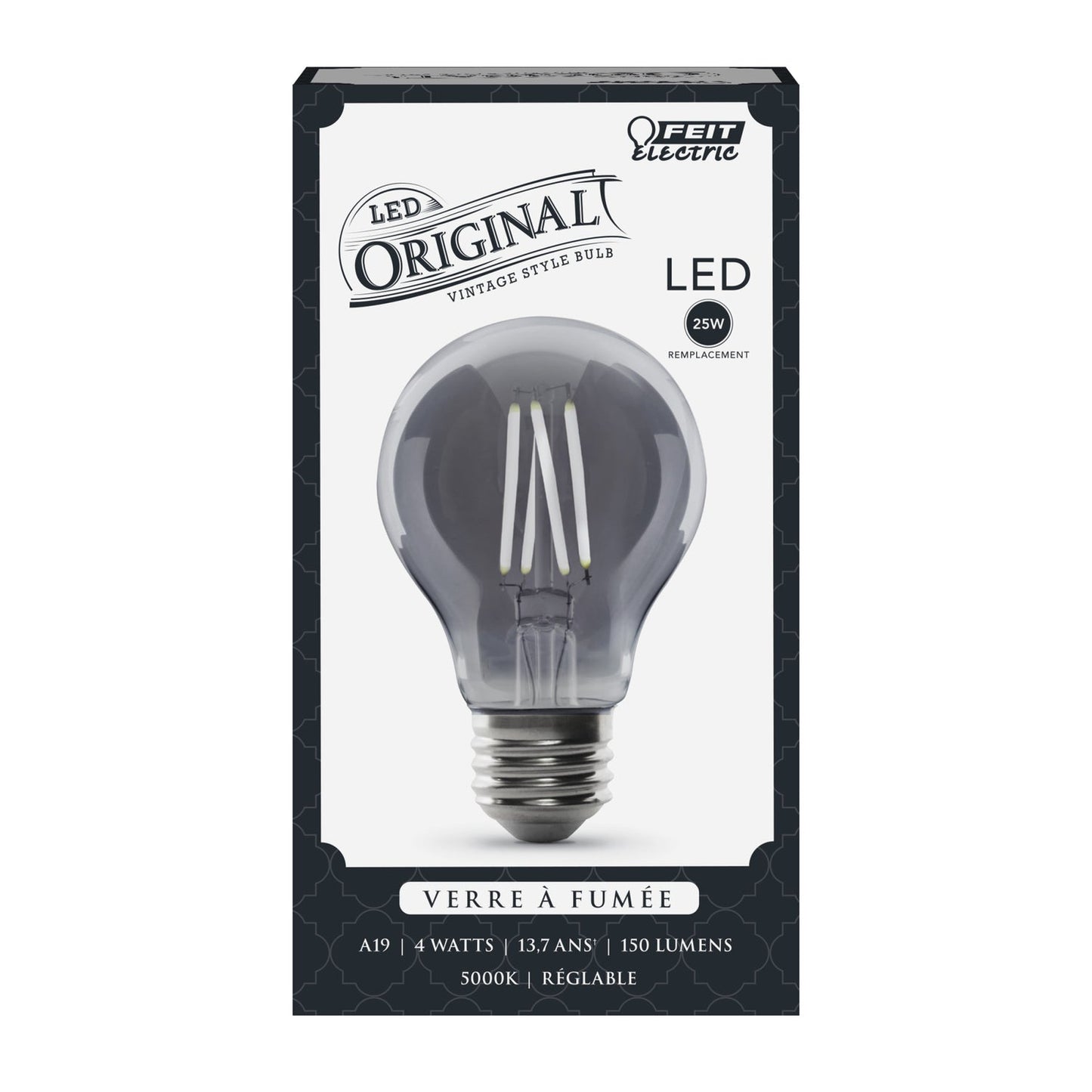 Feit Electric AT19/SMK/VG/LED 4W (25W Replacement) AT19 E26 Dimmable Straight Filament Smoke Glass Vintage Edison LED Light Bulb, Daylight