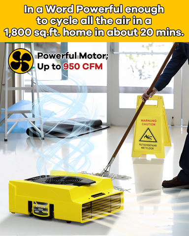 AlorAir Zeus 900 Air Mover Professional Dryer for Carpets, Walls, Floors, 950 CFM with 1.8 Amps, Variable Speed, High Velocity Airflow, Circult Breaker Protection - Yellow