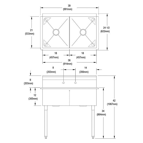 Elkay B2C18X21X Dependabilt Stainless Steel 39" x 24-1/2" x 42" 18 Gauge Two Compartment Budget Sink with Stainless Steel Legs