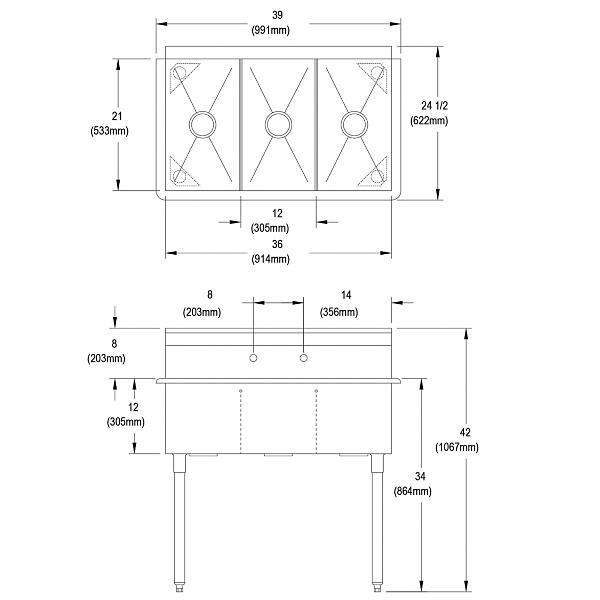Elkay B3C12X21X Dependabilt Stainless Steel 39" x 24-1/2" x 42" 18 Gauge Three Compartment Budget Sink with Stainless Steel Legs