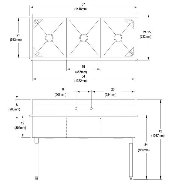 Elkay B3C18X21X Dependabilt Stainless Steel 57" x 24-1/2" x 42" 18 Gauge Three Compartment Budget Sink with Stainless Steel Legs