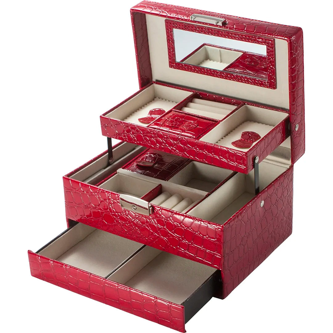 Barska BF11976 Cheri Bliss Portable Vegan Leather Croc Embossed Red Jewelry Box with Drawer, Key Lock, and Carry Handle