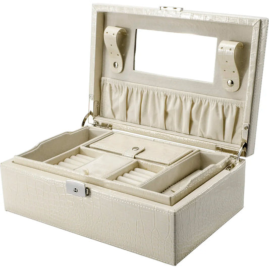 Barska BF12504 Cheri Bliss Vegan Leather Croc Embossed Cream Jewelry Box with Drawer, Key Lock, and Carry Handle