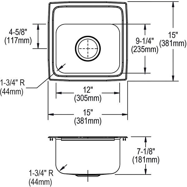 Elkay BLR1516 Lustertone® Classic Stainless Steel 15" x 15" x 7-1/8" Single Bowl Drop-in Bar Sink with 3-1/2" Drain