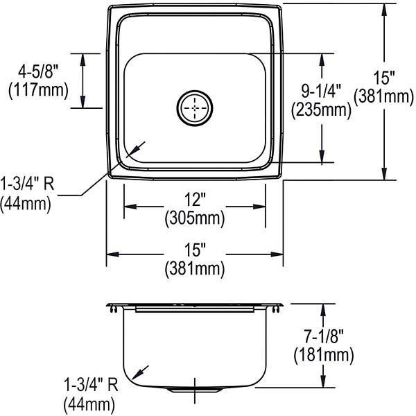 Elkay BLR15 Lustertone® Classic Stainless Steel 15" x 15" x 7-1/8" Single Bowl Drop-in Bar Sink with 2" Drain