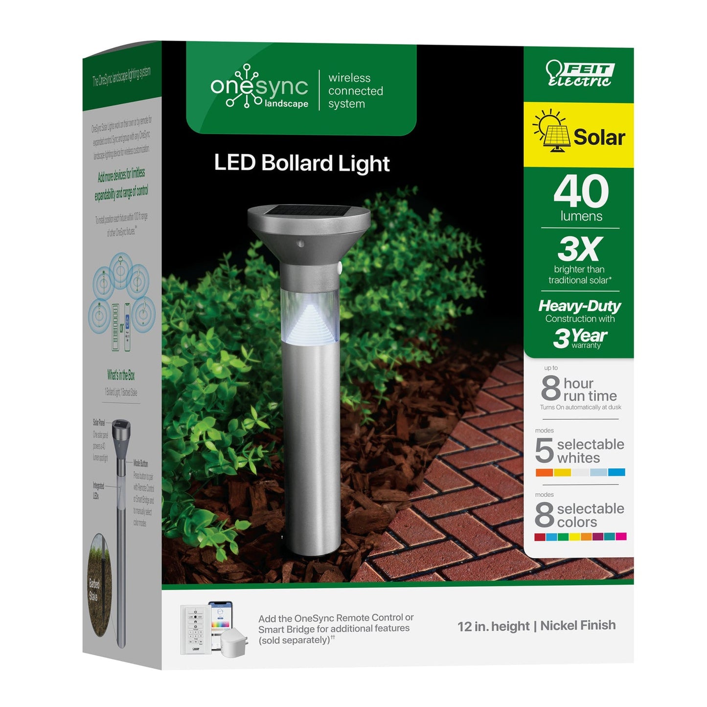 Feit Electric BOLLARD/SYNC/SOL/NK 12 in. OneSync Landscape Nickel Solar Bollard Light