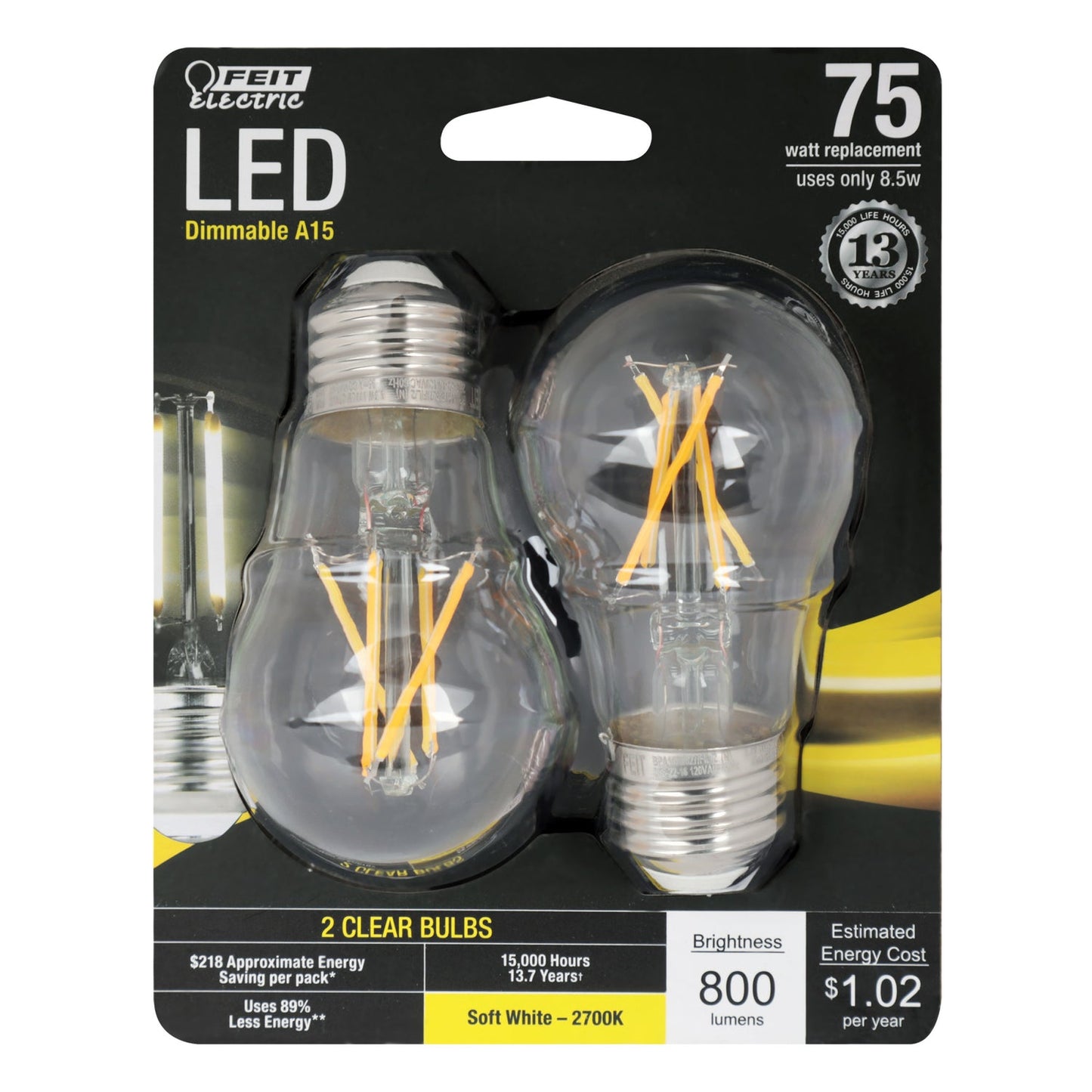 Feit Electric BPA1575/827/FIL/2 75W Replacement A15 Dimmable Soft White Enhance Glass Filament (2-Pack)