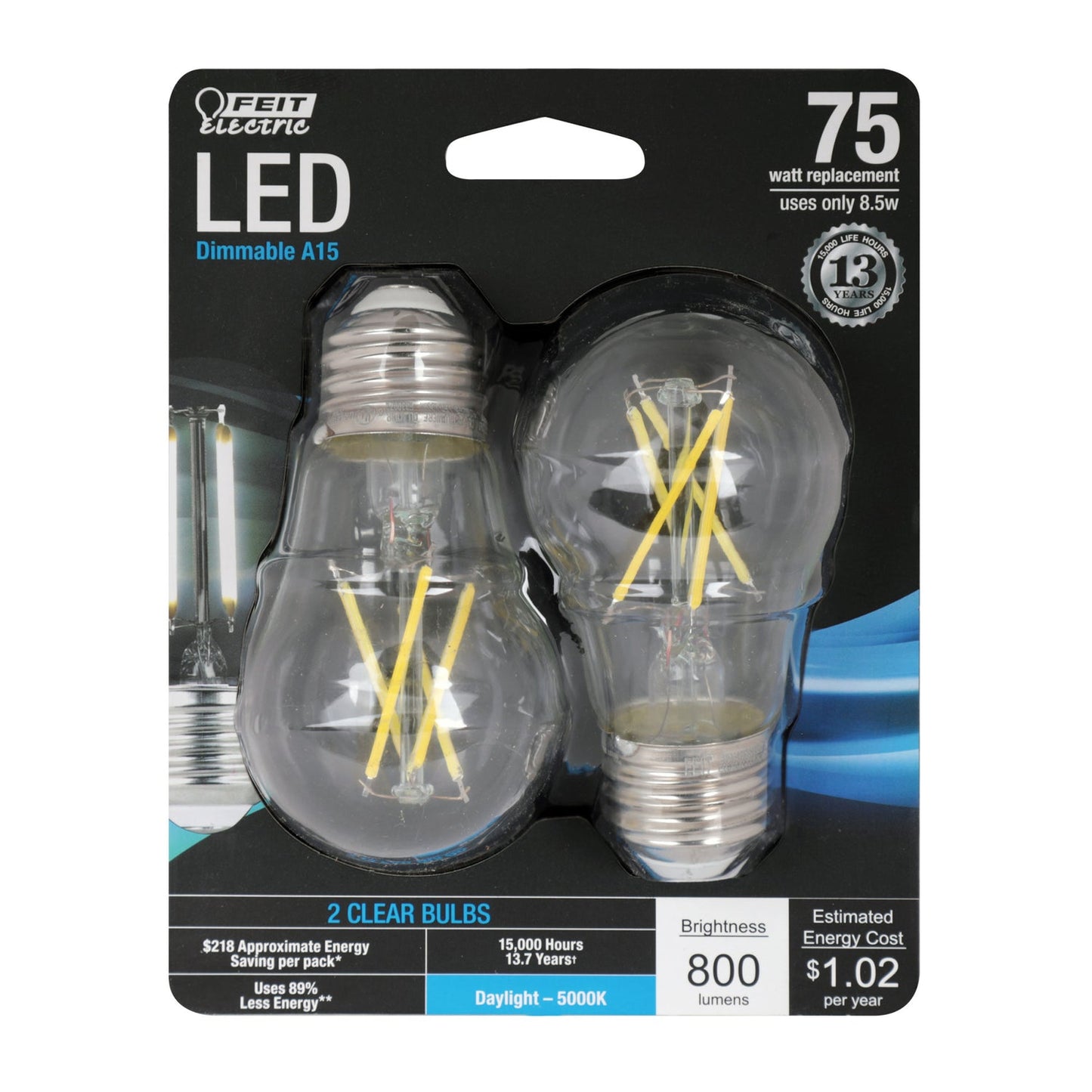 Feit Electric BPA1575/850/FIL/2 8.5W (75W Replacement) A15 Shape (E26 Base) Daylight (5000K) LED Filament Light Bulb (2-Pack)