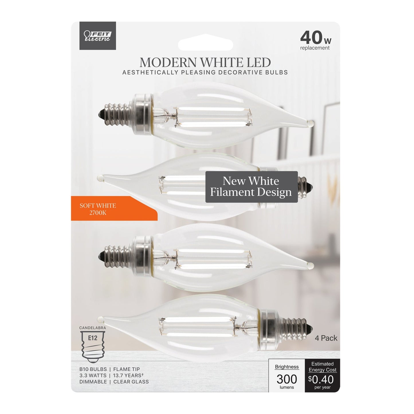 Feit Electric BPCFC40927CAWFIL/4 3.3 W (40W Replacement) Soft White (2700K) Flame Tip B10 (E12 Base) Exposed White Filament LED Bulb (4-Pack)