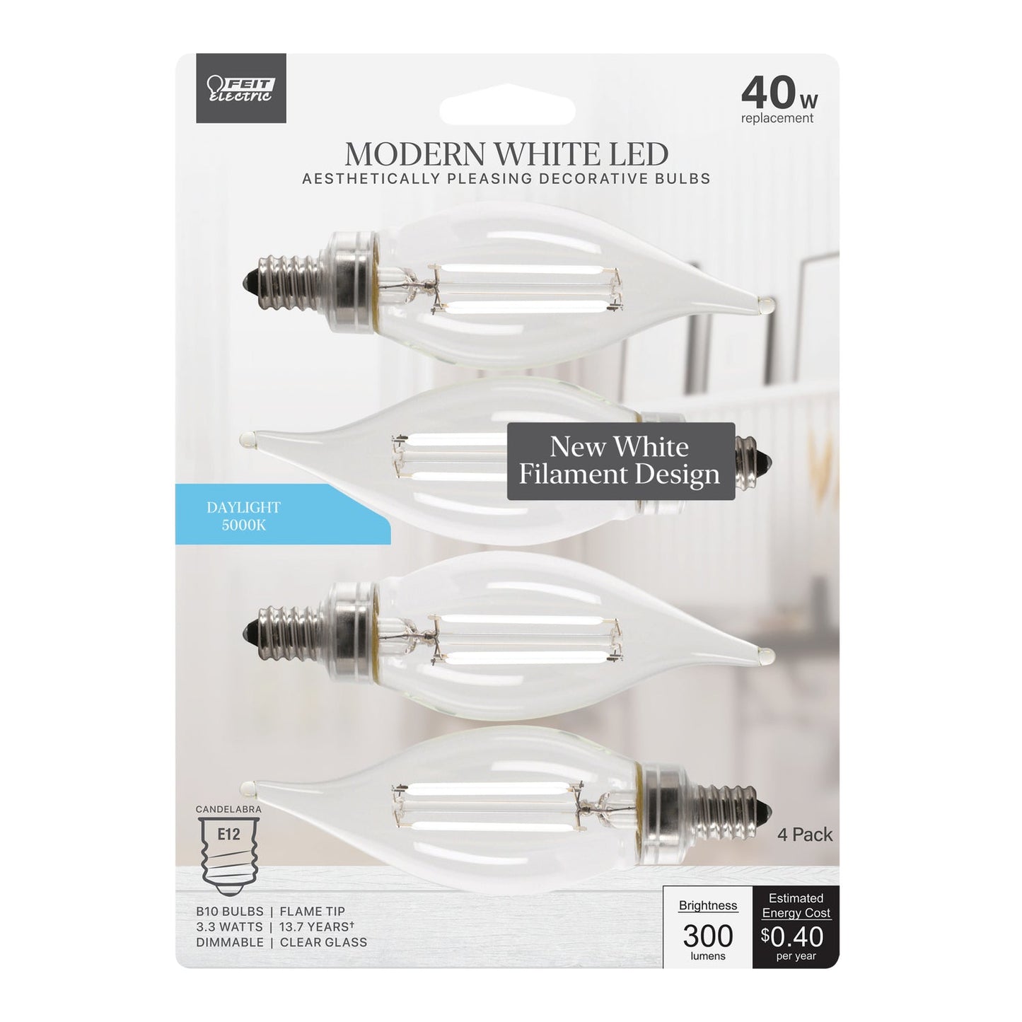 Feit Electric BPCFC40950CAWFIL/4 3.3W (40W Replacement) Daylight (5000K) B10 (E12 Base) Flame Tip Exposed White Filament LED Bulb (4-Pack)