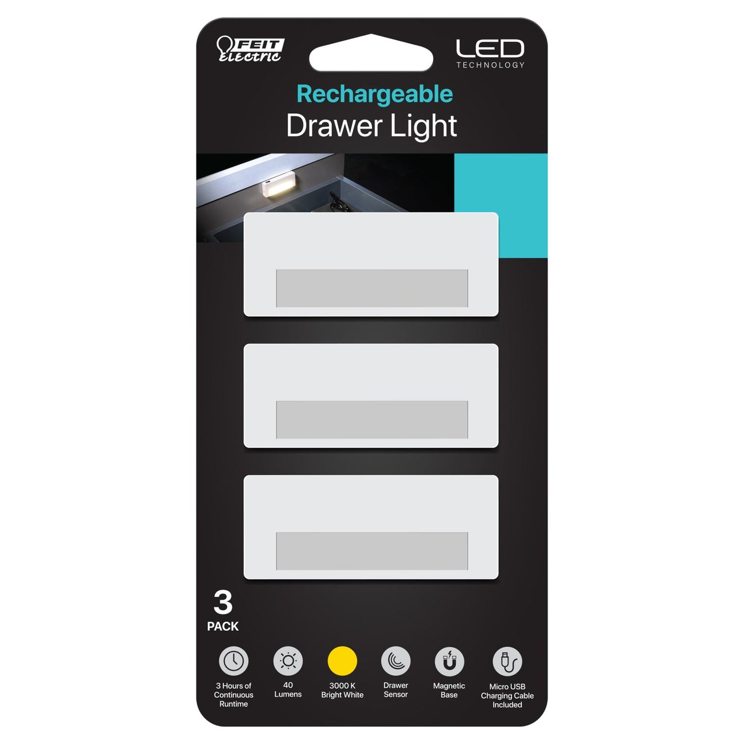 Feit Electric BPDRAW2.6/830/BAT/3 LED Rechargeable Mini Drawer Light (3-Pack)