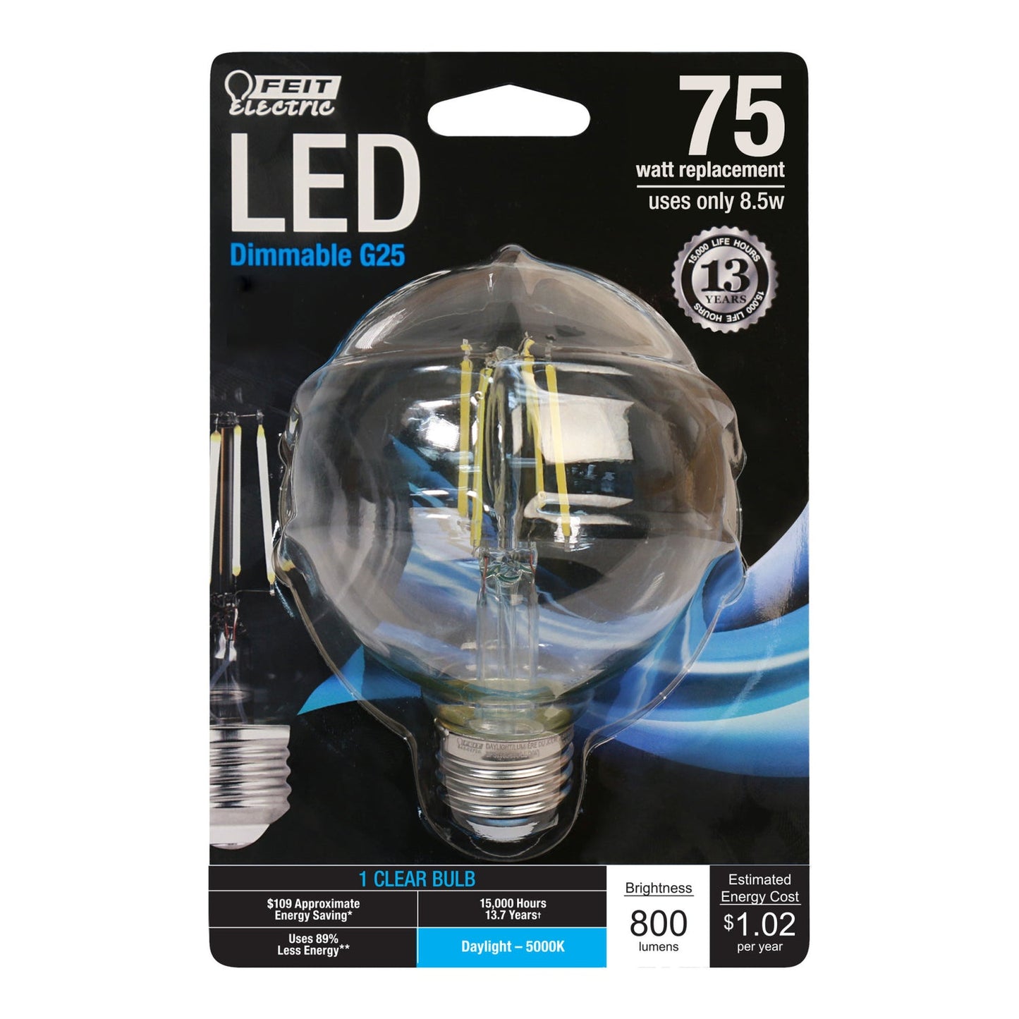 Feit Electric BPG2575/850/FIL/LED 75W Equivalent Daylight G25 Dimmable Globe Glass Filament LED Light Bulb