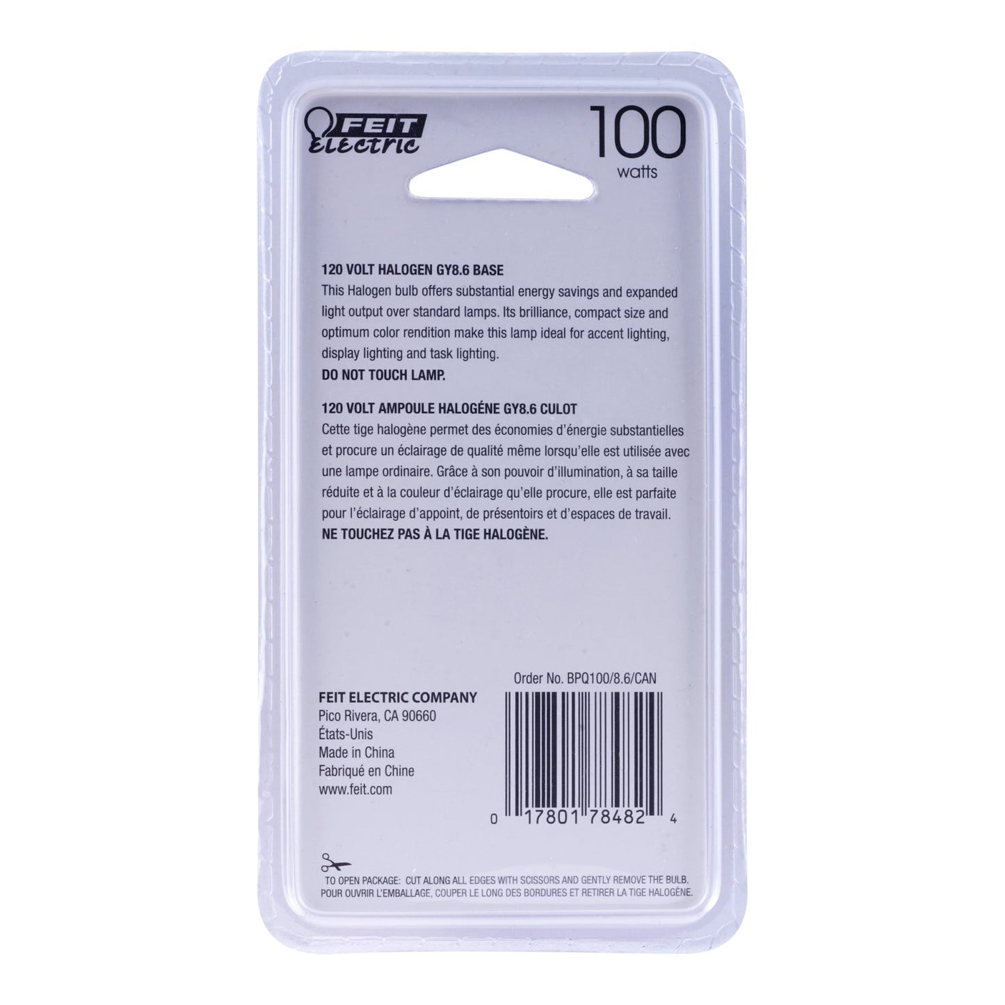 Feit Electric BPQ100/8.6/CAN 100W Warm White (3000K) GY8.6 Base T4 Dimmable Halogen Light Bulb