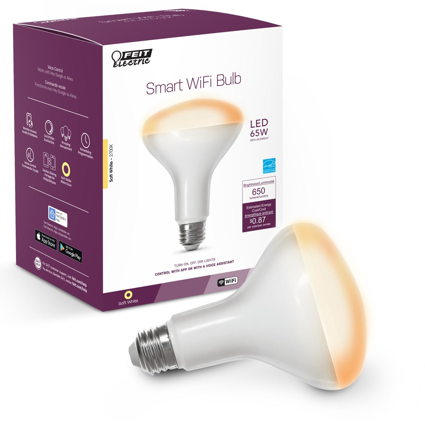 Feit Electric BR30/927CA/AG 7.2W (65W Replacement) Soft White (2700K) E26 Base BR30 LED Smart Wi-Fi Light Bulb