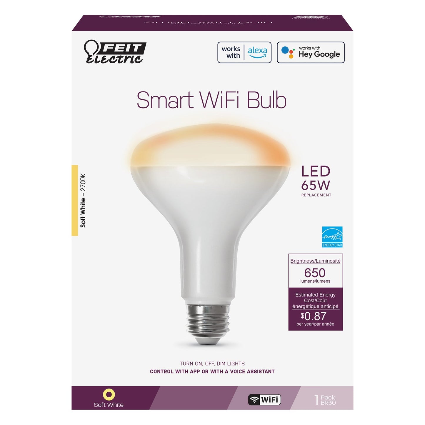 Feit Electric BR30/927CA/AG 7.2W (65W Replacement) Soft White (2700K) E26 Base BR30 LED Smart Wi-Fi Light Bulb